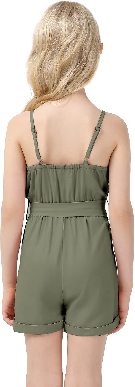 Huanye Girls Sleeveless Halter Romper Jumpsuit with Side Pockets