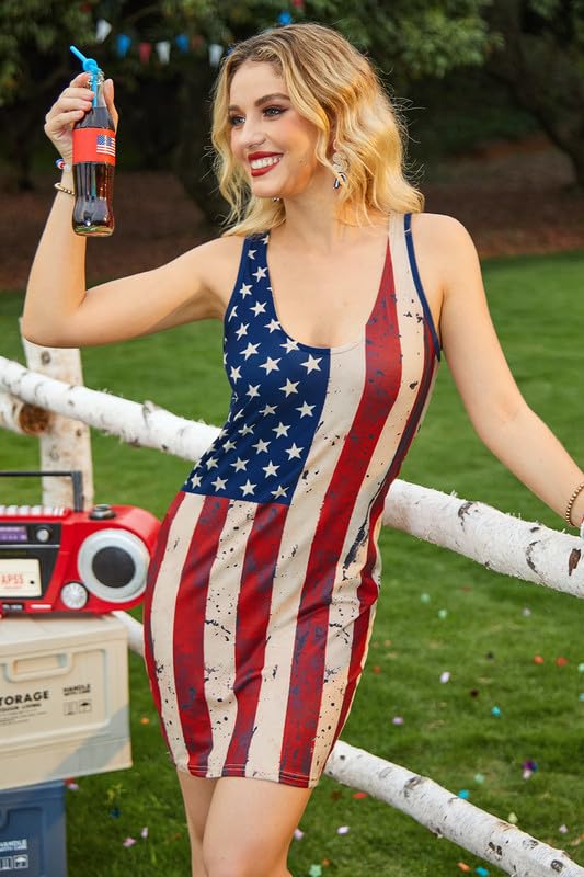 Image of For G and PL Women 4th of July American Flag Tank Dress Deep V Neck Stars Stripe Mini Patriotic Sleeveless Sundress