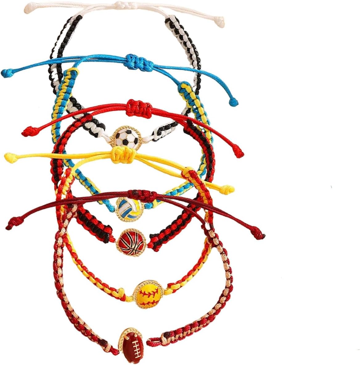 5Pcs Sports Ball Braided Bracelet Set for Women Adjustable Soccer Football Basketball Volleyball Baseball Bracelets Game Day Jewelry for Sports Fans