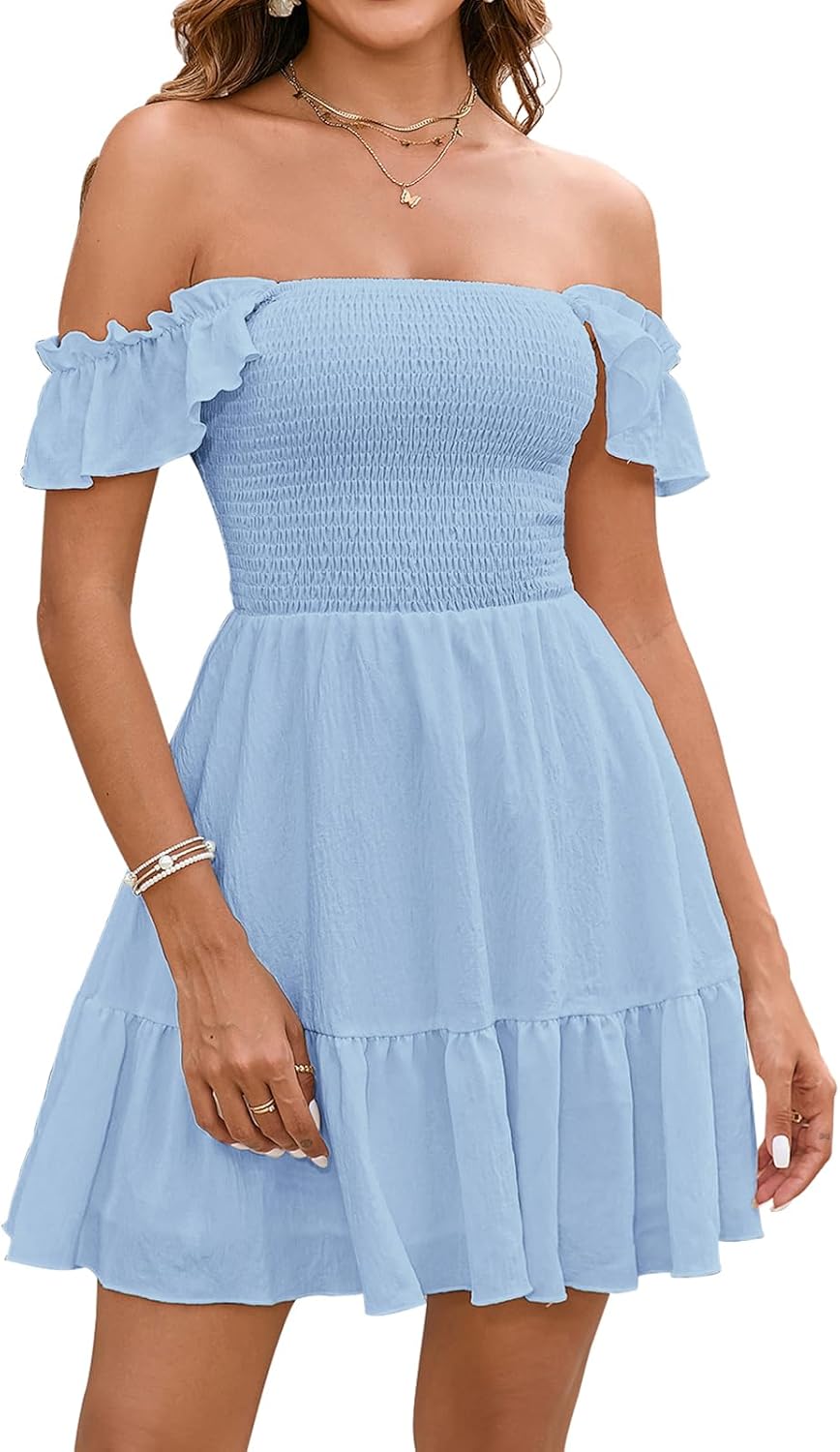 GLNEGE Women's Summer Grauation Mini Dress Casaul Flowy A-Line Ruffle Party Dresses Square Neck Smocked Trendy Sundress 2025