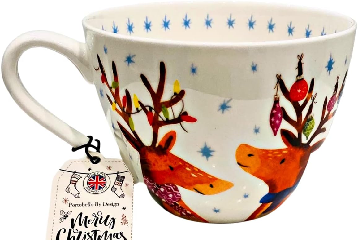 Portobello by Design Fine Bone China Christmas Holiday Mug featuring Reindeer and Inscribed: OH DEER | Designed in England | 20 oz.