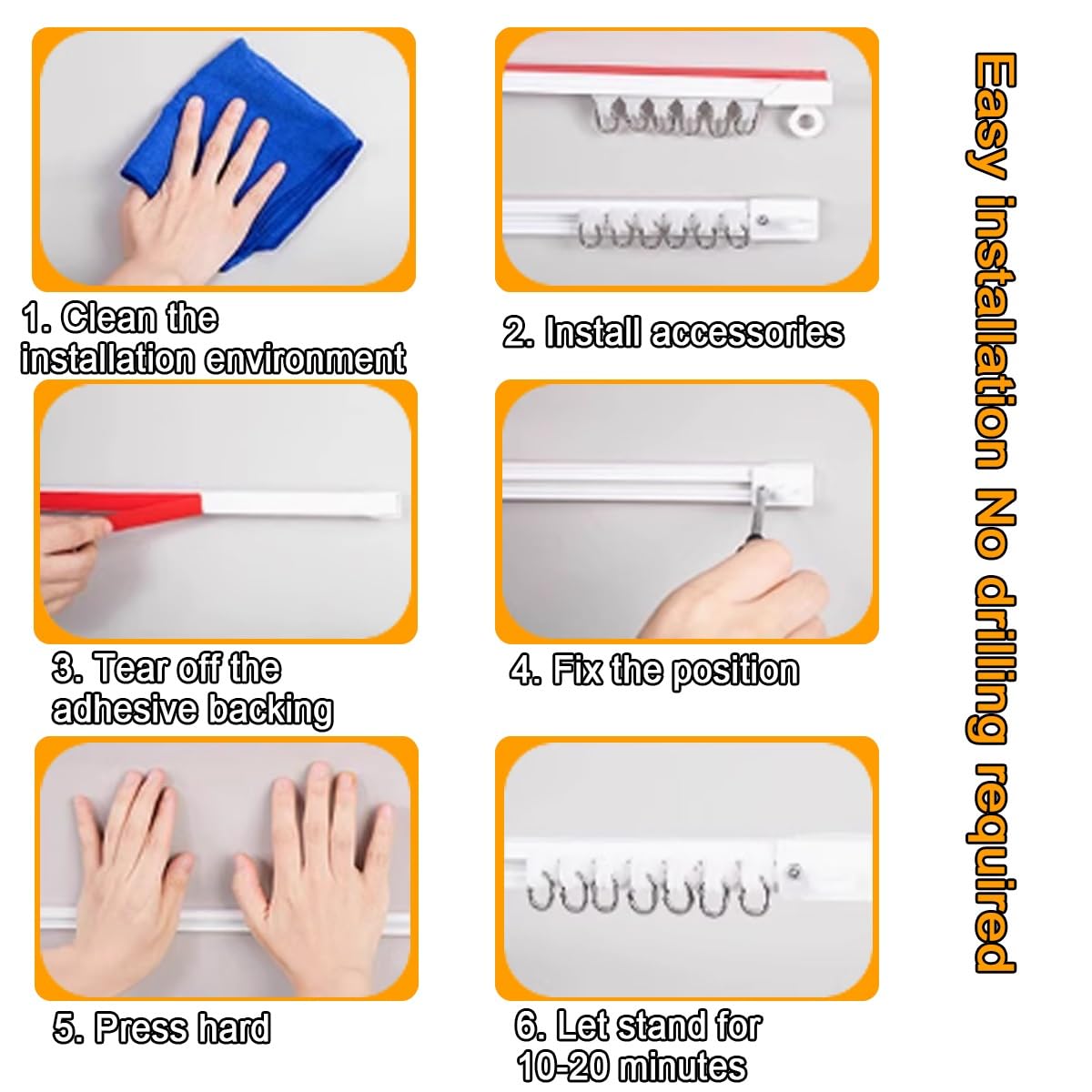 Gardinenstange Selbstklebend ohne Bohren - 50-500cm Verstellbare Wandschiene für Mieter inklusive Clips & Haken, Weiß, ideal für Camper & Markisen (250cm/8.2ft)