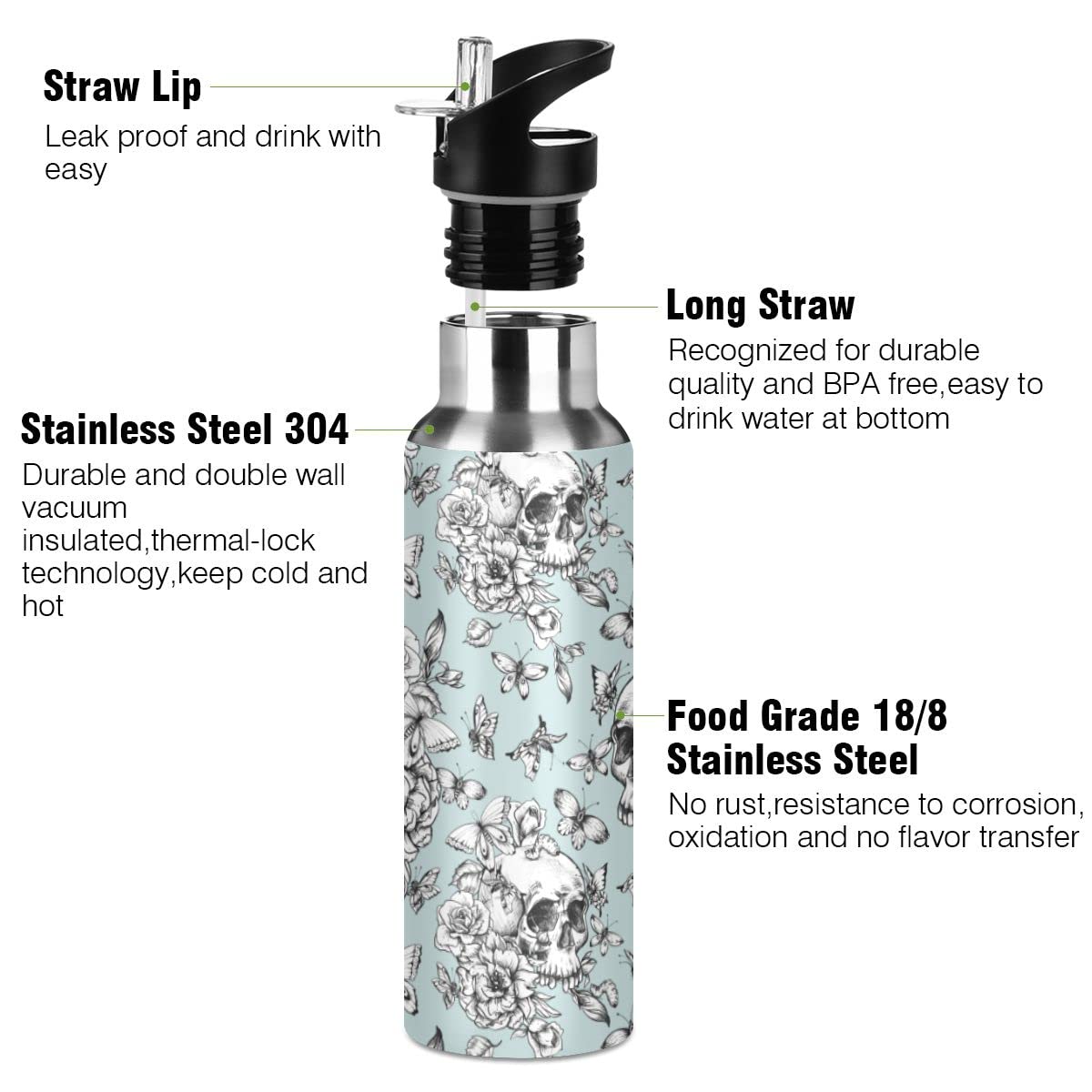 Edelstahl Wasserflasche mit Strohhalm, Vintage Goth Skull Isolierte Trinkflasche Sport Wasserflasche für Kinder Erwachsene, auslaufsicher, 1L