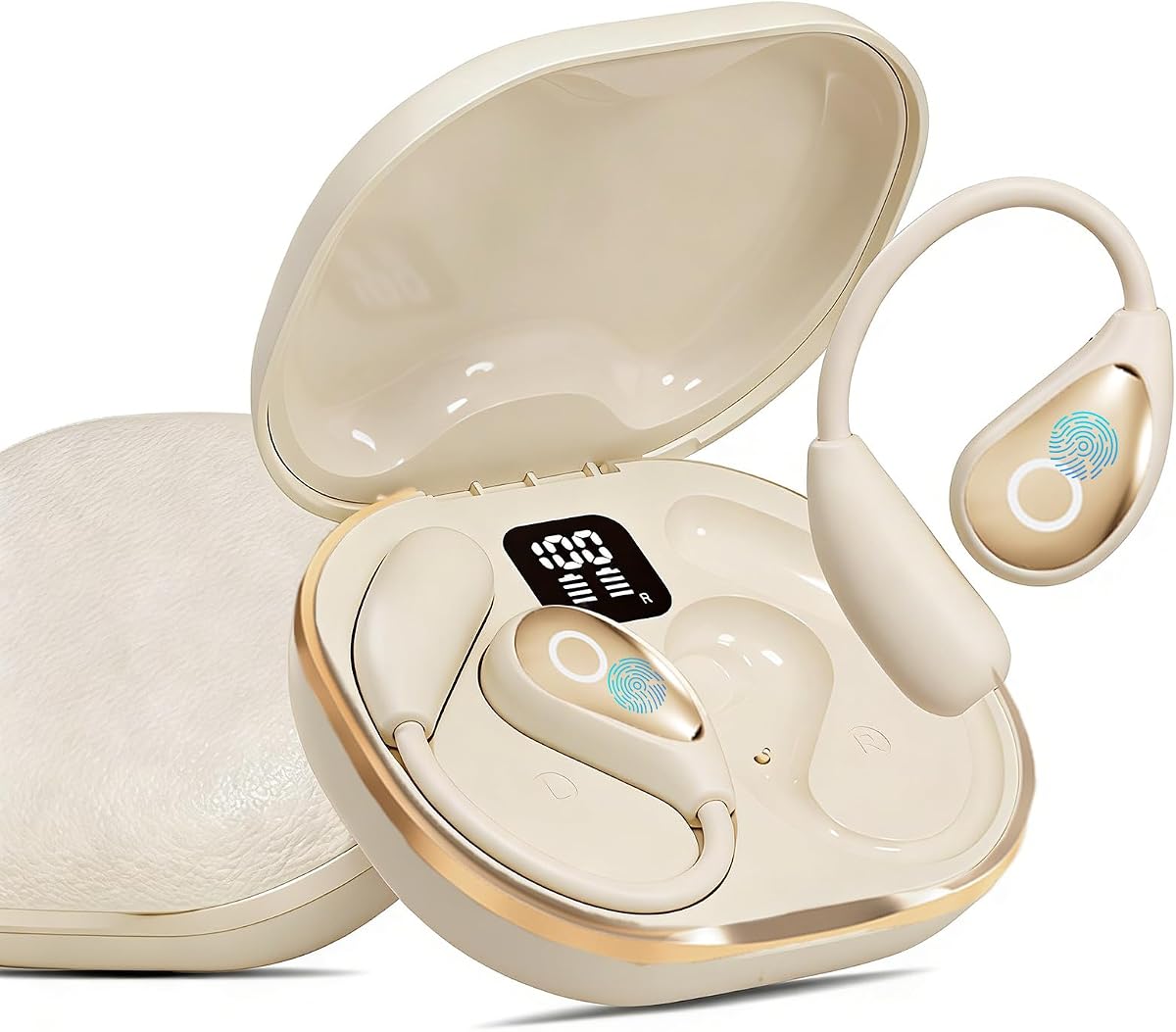 Open Ear Earbuds Bluetooth 5.4 Wireless Headphones, 50H Beige | Open Ear Earbuds, Comfort, Smart Display, Clear calls, 50H, Lightweight over-ear Buds for Sports, Cycling, Running, Workout