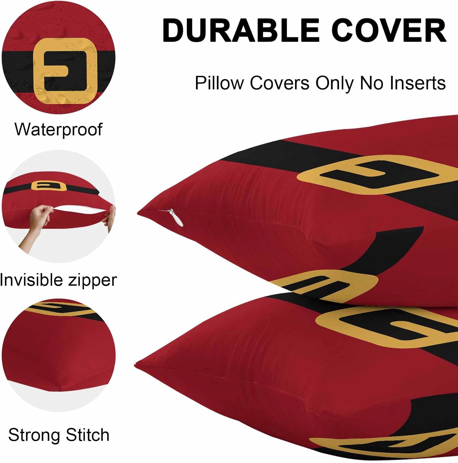 Waterproof Pillow Covers Pack of 2, Merry Christmas Santa Claus Belt Outdoor Pillowcases Cushion Cases, Yellow Black Red Decorative Throw Pillow Cover for Couch Sofa Bed
