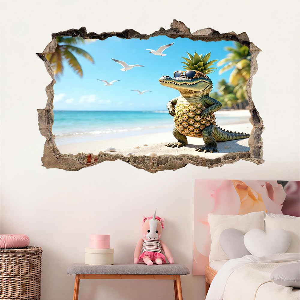 3D Durchbruch Wandtattoo Mädchen Kinderzimmer Krokodil-Ananas Wandaufkleber Dekorative Seagull Beach Landschaft Wandsticker für Junge Teenager Zimmer Wohnzimmer Schlafzimmer Wandbilder Deko