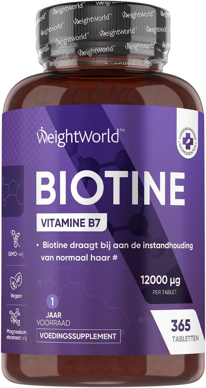 Biotine tabletten – 12.000 mcg – 365 vegan tabletten voor 1 jaar voorraad – Voor het behoud van glanzend haar en een gezonde huid – Hoogwaardig biotine supplement – 100% natuurlijk – Van WeightWorld