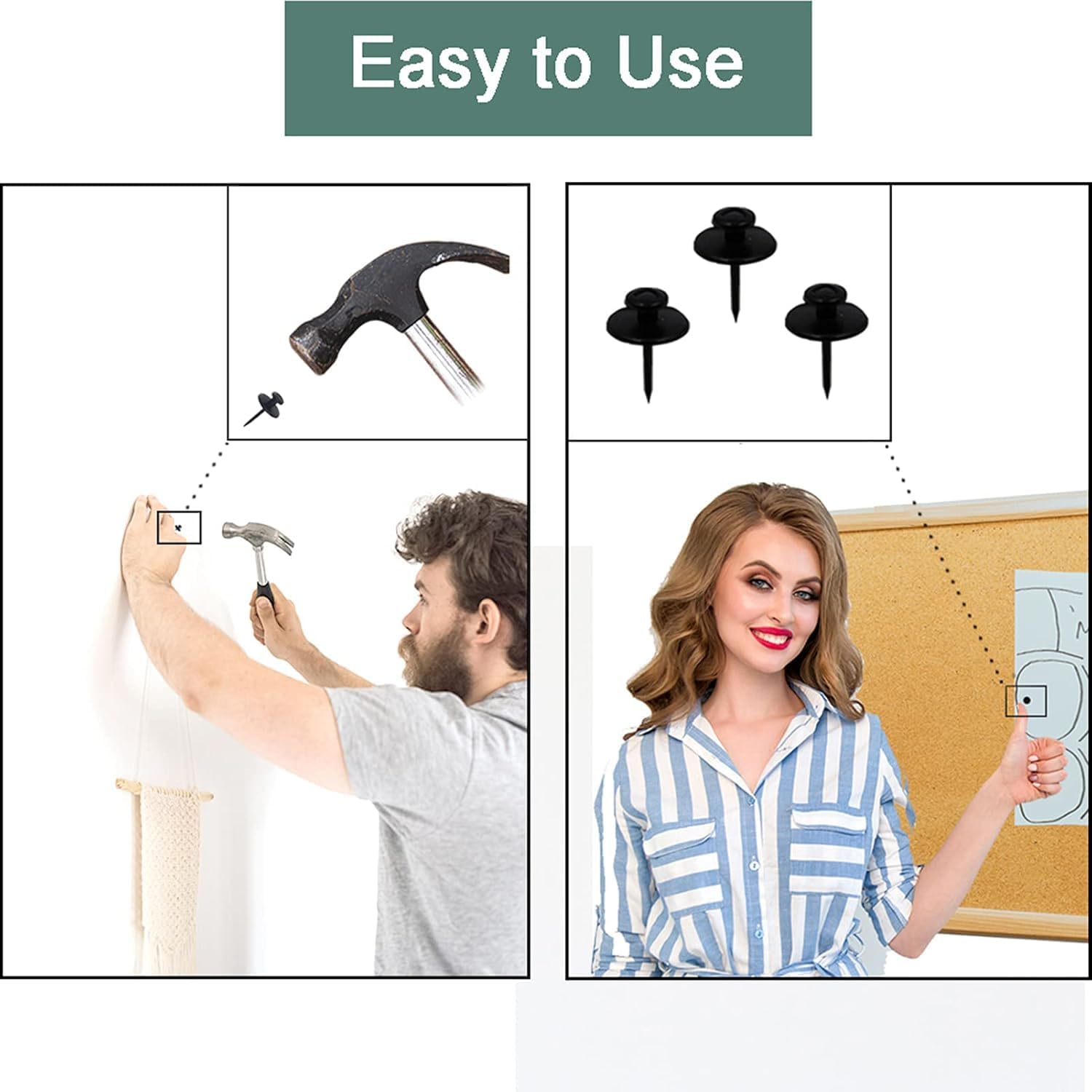 30 PCS Picture Hanger Nails, Thumb Tacks for Wall Hangings Picture, Decorative Small Hook for Drywall Cork Board Photo Decorations (Black)