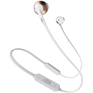 JBL T205BT by Harman Pure Bass Wireless Metal Earbud Headphones with Mic (Rose Gold)
