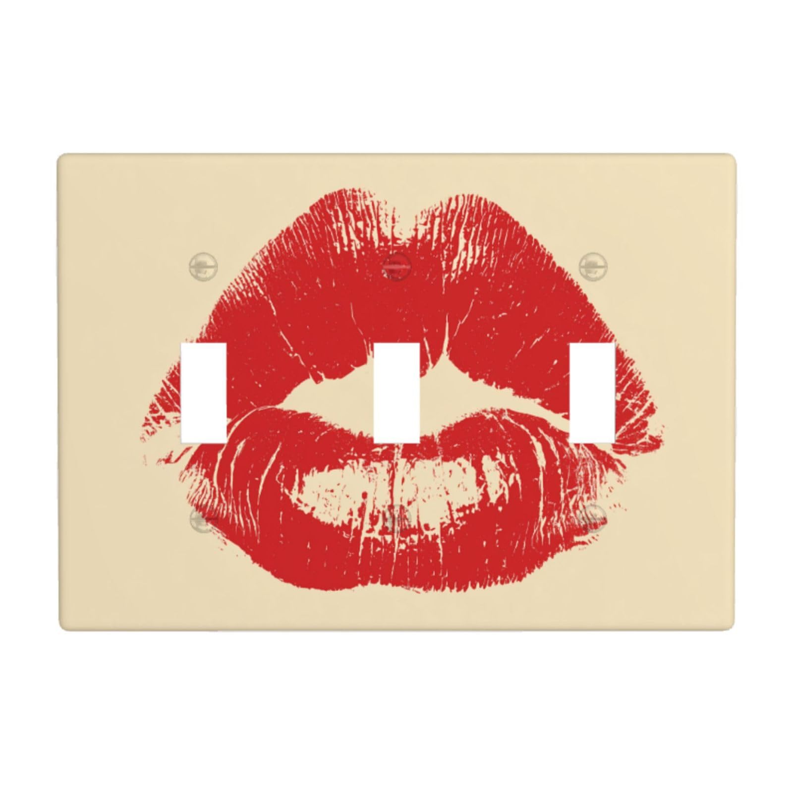 Simple Red Lips Kiss Mark On Light Cream Light Switch Covers 3 Gang Triple Toggle Wall Plate Switchplate Electrical Faceplate for Bathroom Kitchen Bedroom Decor