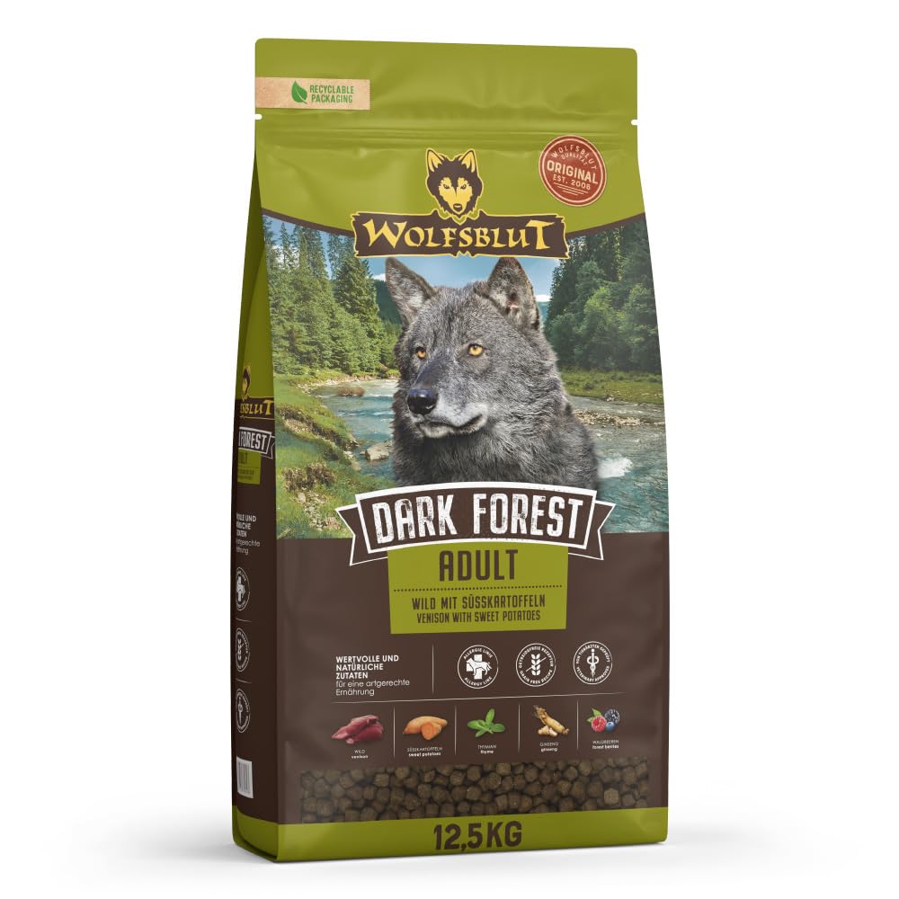 WOLFSBLUT – Dark Forest Adult | Trockenfutter mit natürlichen Zutaten und wertvollen Superfoods für ausgewachsene Hunde. Getreidefreies Alleinfutter ohne Zusatzstoffe im Beutel | 12,5kg Wild