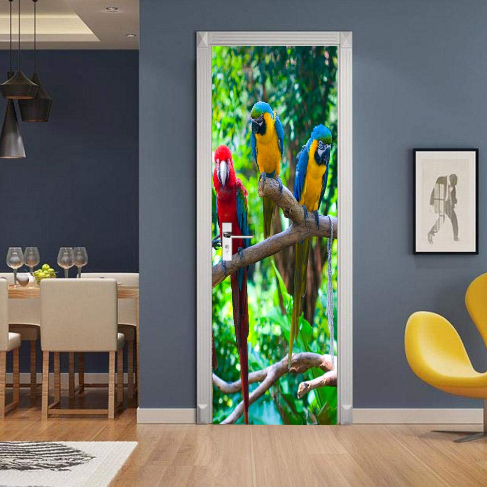 3D Door Sticker Parrot Self-Adhesive Mural Home Decoration Wall Sticker Bedroom Living Room Removable Poster Art Sticker-77x200cm