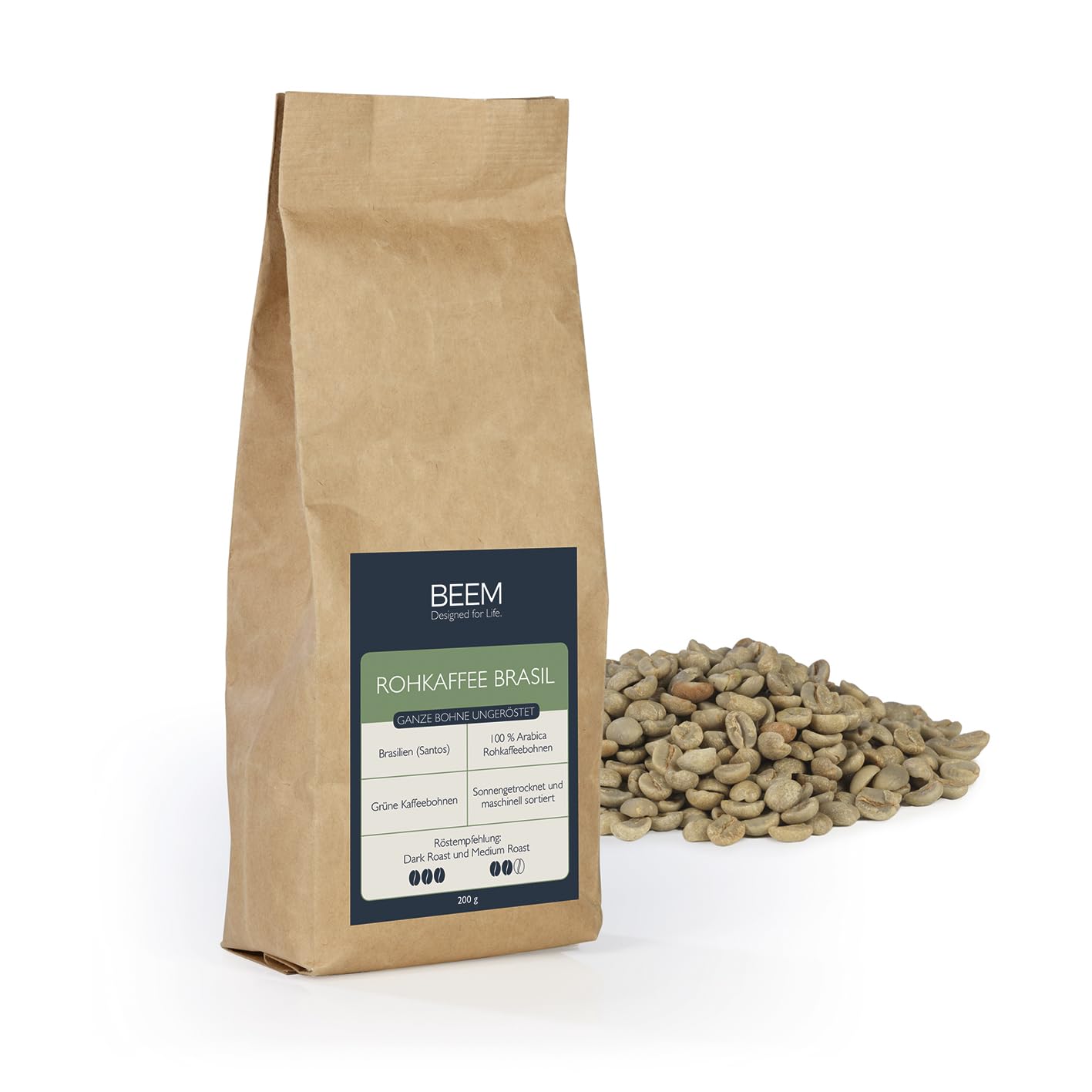 BEEM ROAST-PERFECT Torréfacteur avec 200 g de café brasil (grain entier non torréfié) | 2 degrés de torréfaction réglables [acier inoxydable, verre borosilicaté, noir]
