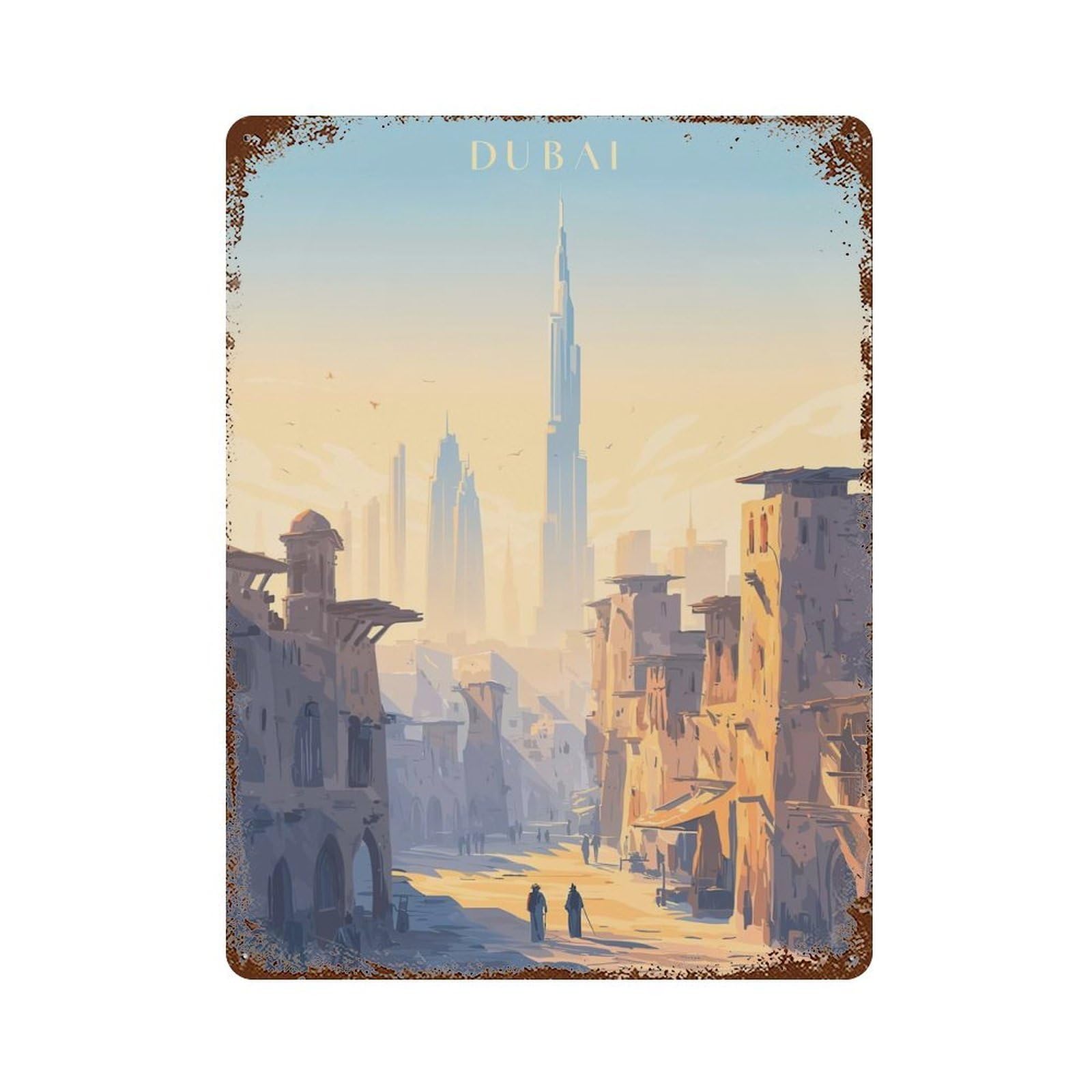 Dubai Cityscape Illustration Rust Effect Tin Sign 15.7"x11.8", Ideal for Shed, Workshop And Garage Wall Decor
