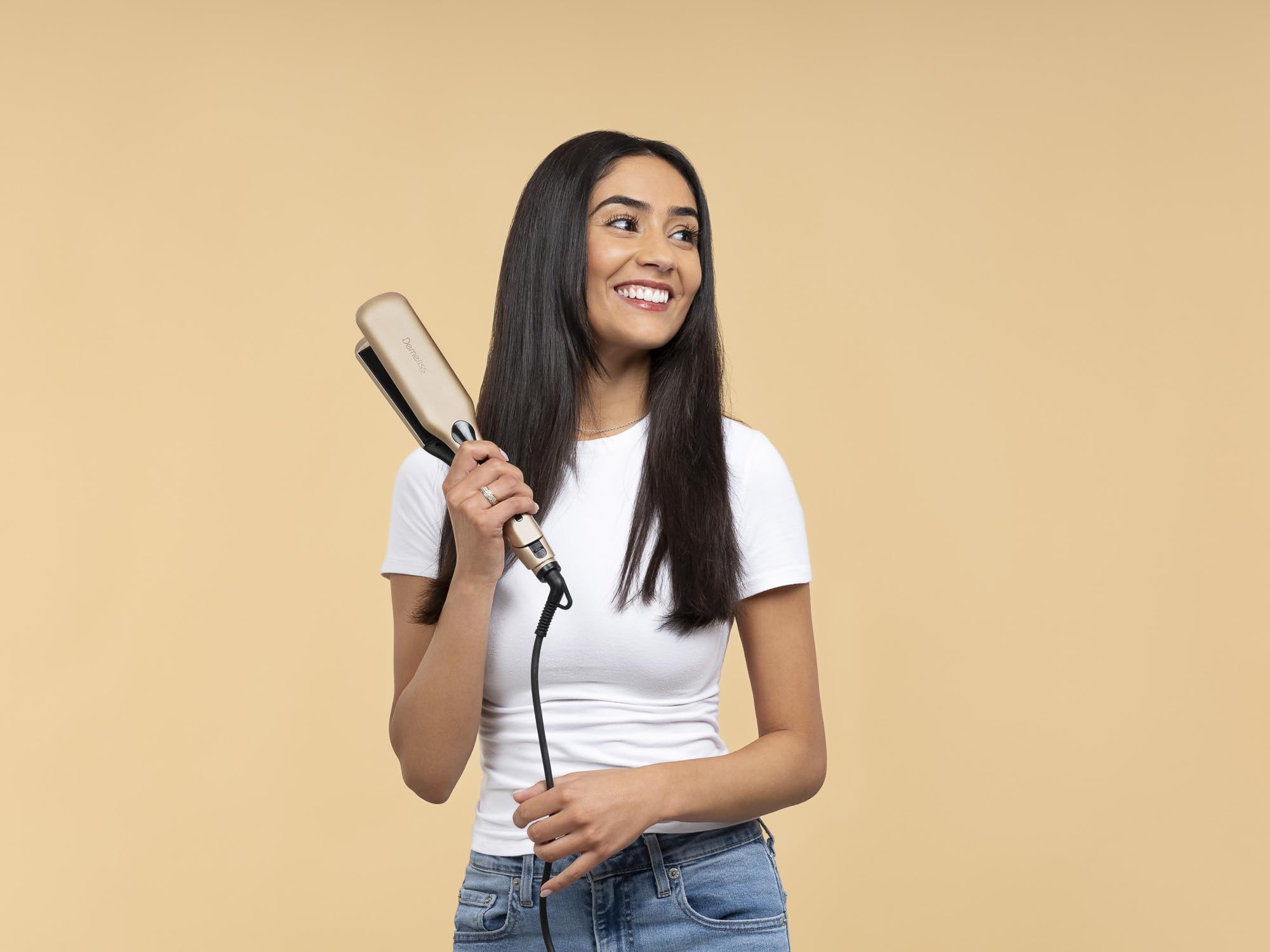 Demeliss Saint Algue Plancha Kera-GOLD XL – Placas anchas de queratina – 14 temperaturas, pantalla digital – Cable giratorio 360° – Suavizado profesional – Apto para todo el cabello – Pantalla digital