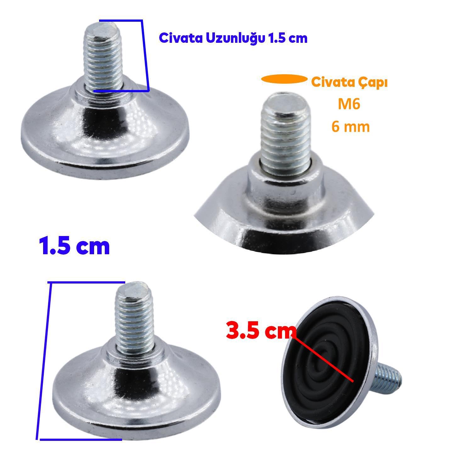 Badem10 Beyaz Eşya Raf Reyon Mobilya Bingo Rotil Ayak M6 Civatalı 6 mm Metal Profil Ayağı 1.5 cm (4 Adet)