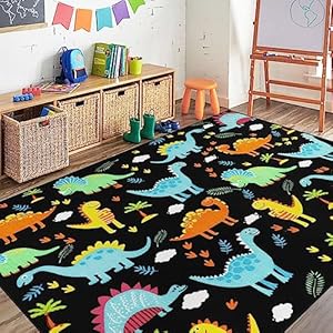Capslpad Black Dinosaur Kids Play Rugs for Boys Bedroom Cute Cartoon Dinosaur Decor Kids Area Rug Non-Slip Washable Dinosaur Carpet Rugs for Kids Room,Playroom,Boys Bedroom,5’×6.6′