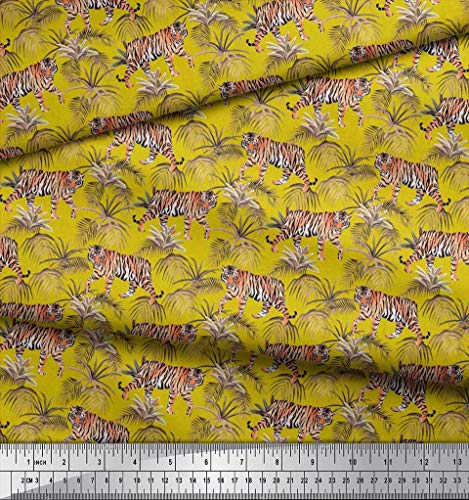 Soimoi Poly Georgette Yellow Fabric - by The Yard - 52 Inch Wide - Leaves & Tiger Jungle Textile - Nature-Inspired and Bold Patterns for Fashion and Home Decor Printed Fabric - Thumbnail 3