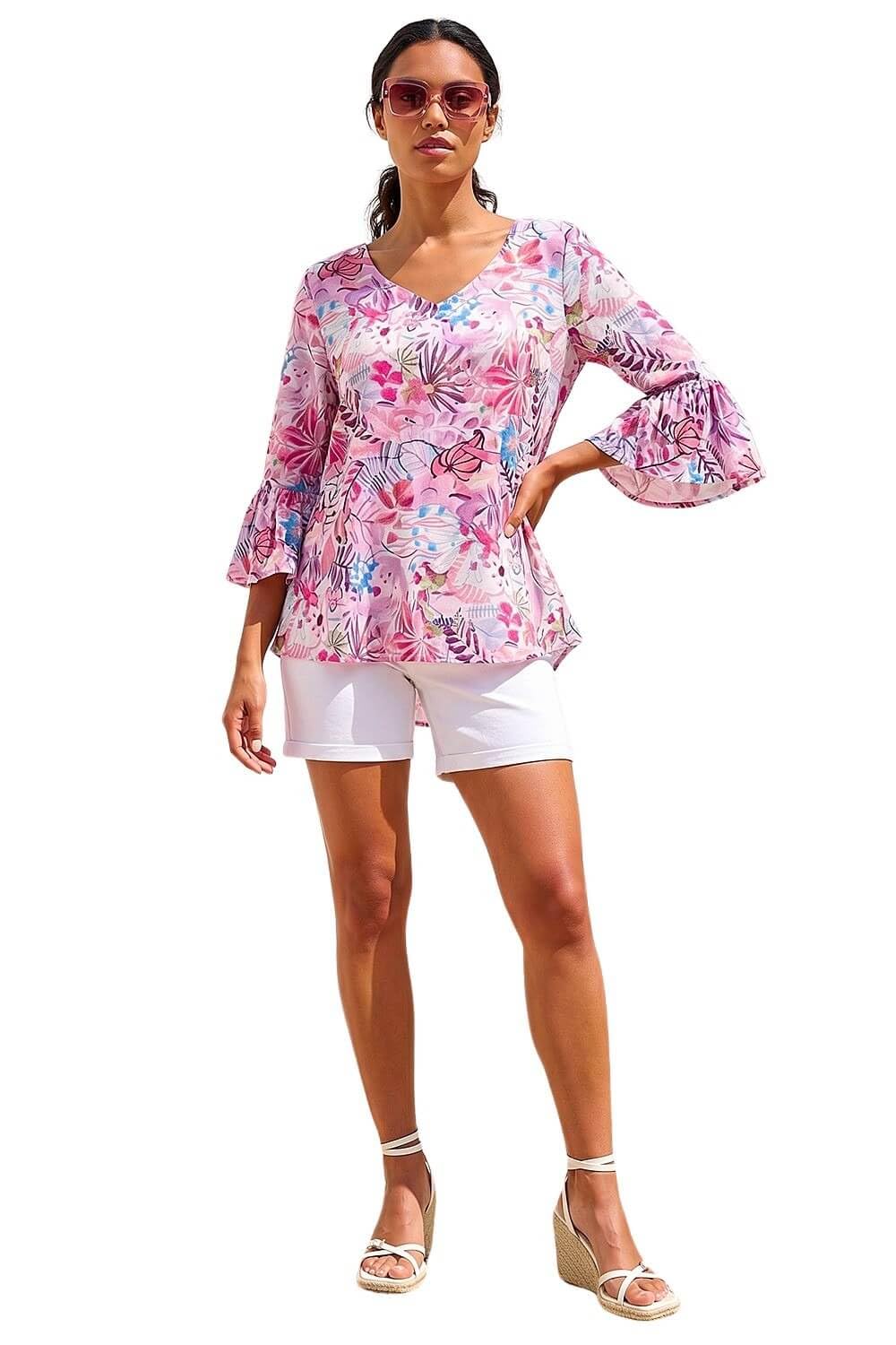 Roman Originals Women's Floral Flare Pink Roman Abstract Print Frill Detail Top For Uk - Everyday Summer Holiday V-Neckline Comfy 3/4 Sleeve Soft Relaxed Fit Shirt Daywear Vacation Blouses - Size 20