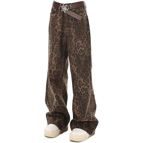Mens Leopard Print Jeans Womens High Waist Denim Pants Y2K Baggy Casual Streetwear Trousers Unisex