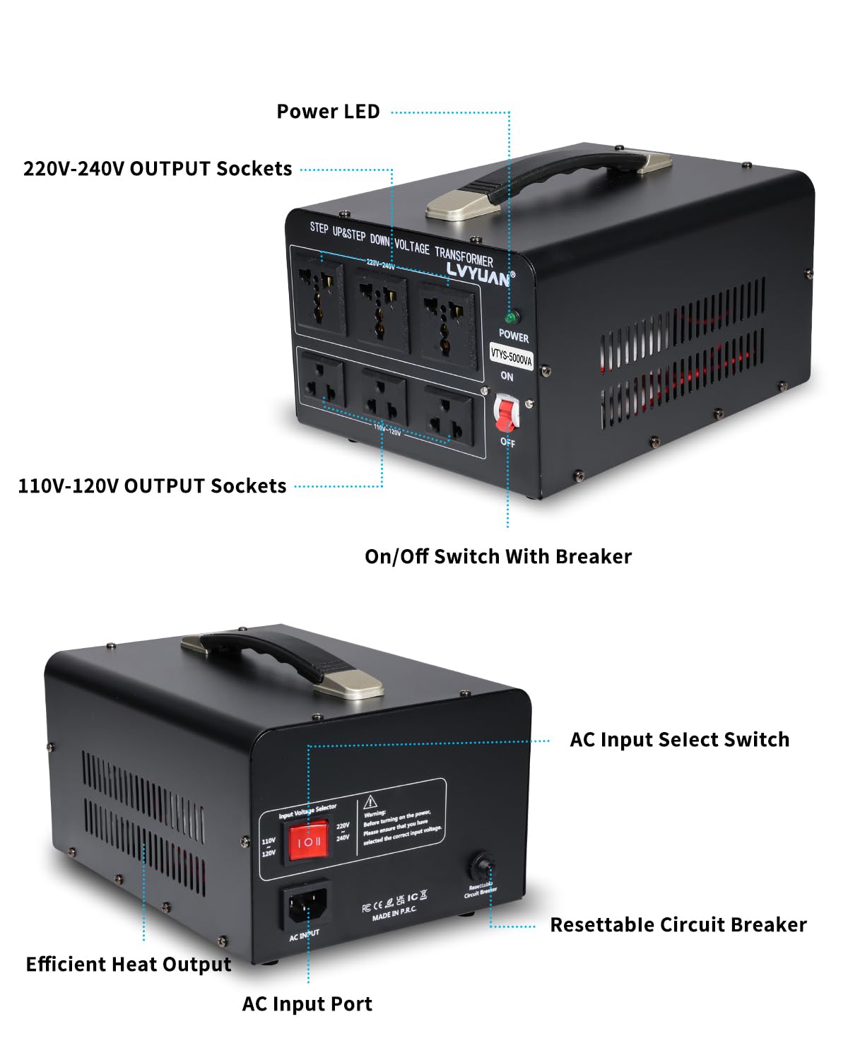 LVYUAN Convertidor de voltaje de 5000 vatios, resistente, elevación/bajada, CA 110 V/120 V/220 V/240 V, convertidor de potencia con 3 salidas de EE. UU., 3 salidas universales, protección de disyuntor