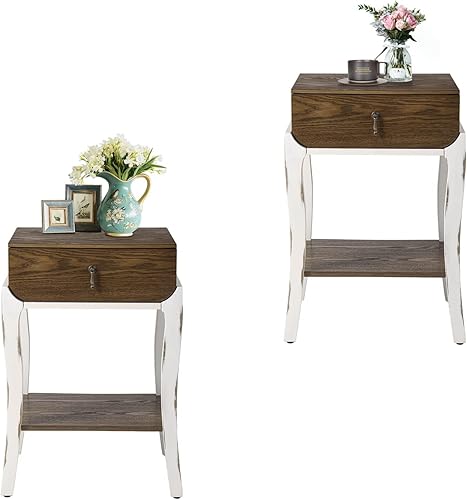 Miniatura 9 de HOMPUS Royal - Juego de 2 mesas auxiliares con espejo, mesa auxiliar de madera Nobel de 2 piezas con estante de almacenamiento, mesita de noche