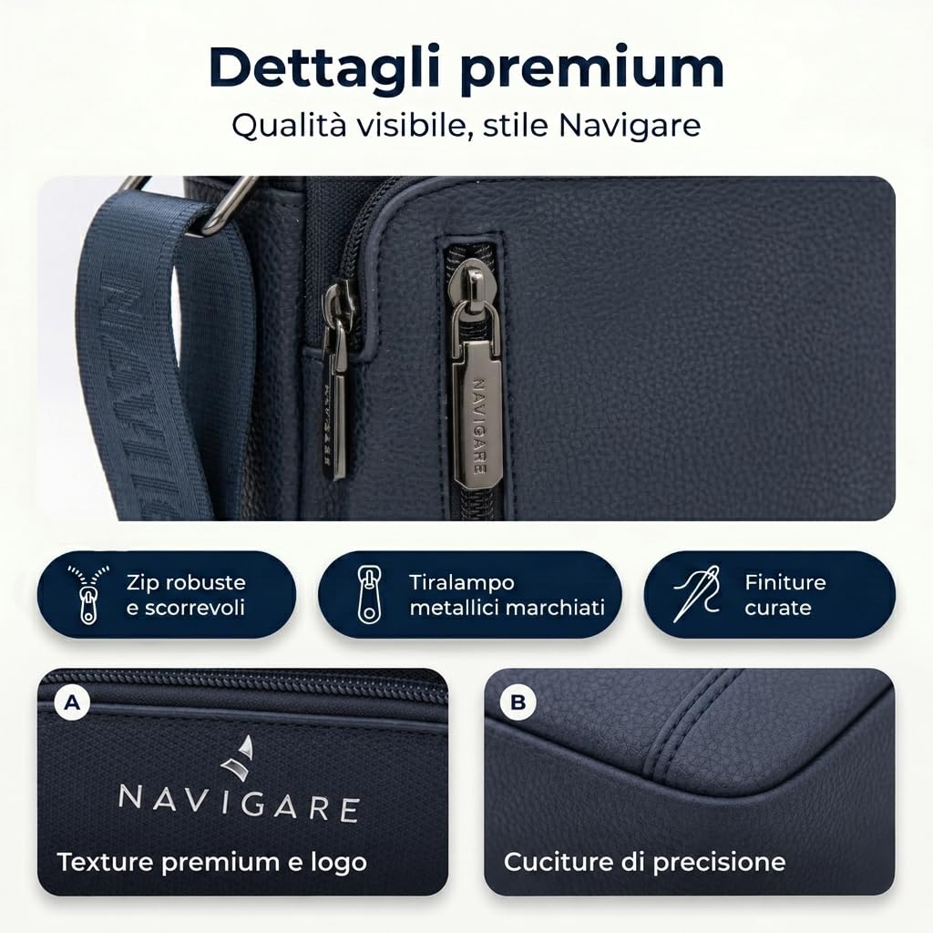 Navigare BORSELLO UOMO TRACOLLA – Borsello Uomo in Ecopelle con Tracolla Regolabile, 2 Tasche con Zip e Scomparti Interni, Stile Elegante e Casual per Lavoro, Viaggio e Tempo Libero