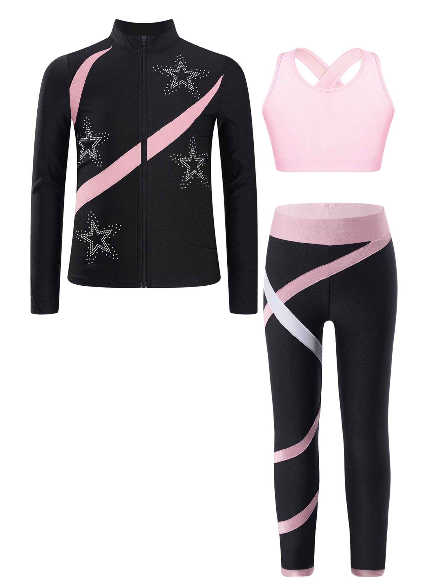 YiZYiF Ensemble Patinage Artistique Enfant Fille Manches Longues Vestes Top Strass Zippée et Débardeur Legging de Sport Survêtement Justaucorps Gymnastique 5-16 ans