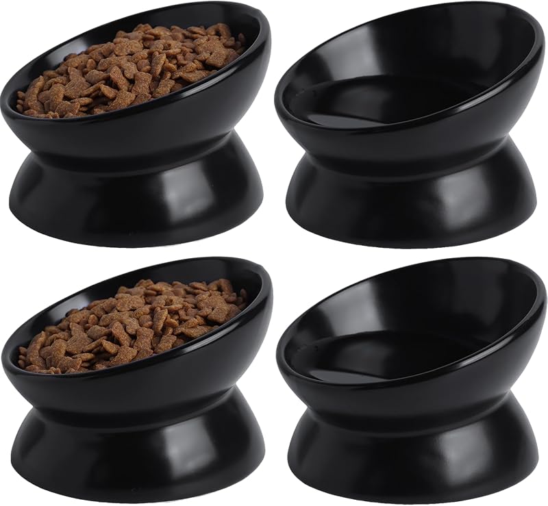 Pote Elevado de Cerâmica para Gatos KITCHENLESTAR com Inclinação de 15° e Design Raso, Preto, Conjunto com 4