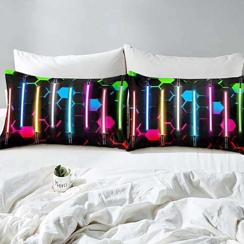 Miniatura 6 de Juego de sábanas de sable de luz colorido neón, tamaño individual, sábana bajera hexagonal de panal geométrico 3D para niños, niñas y adultos, juego