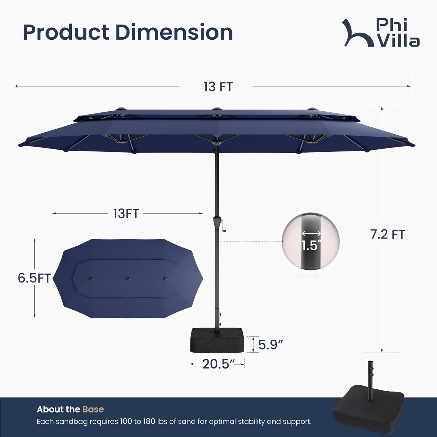 PHI VILLA 13ft Large Patio Umbrellas with Base Included, 2-Tier Double-Sided Outdoor Market Rectangle Umbrella for Outside, Blue