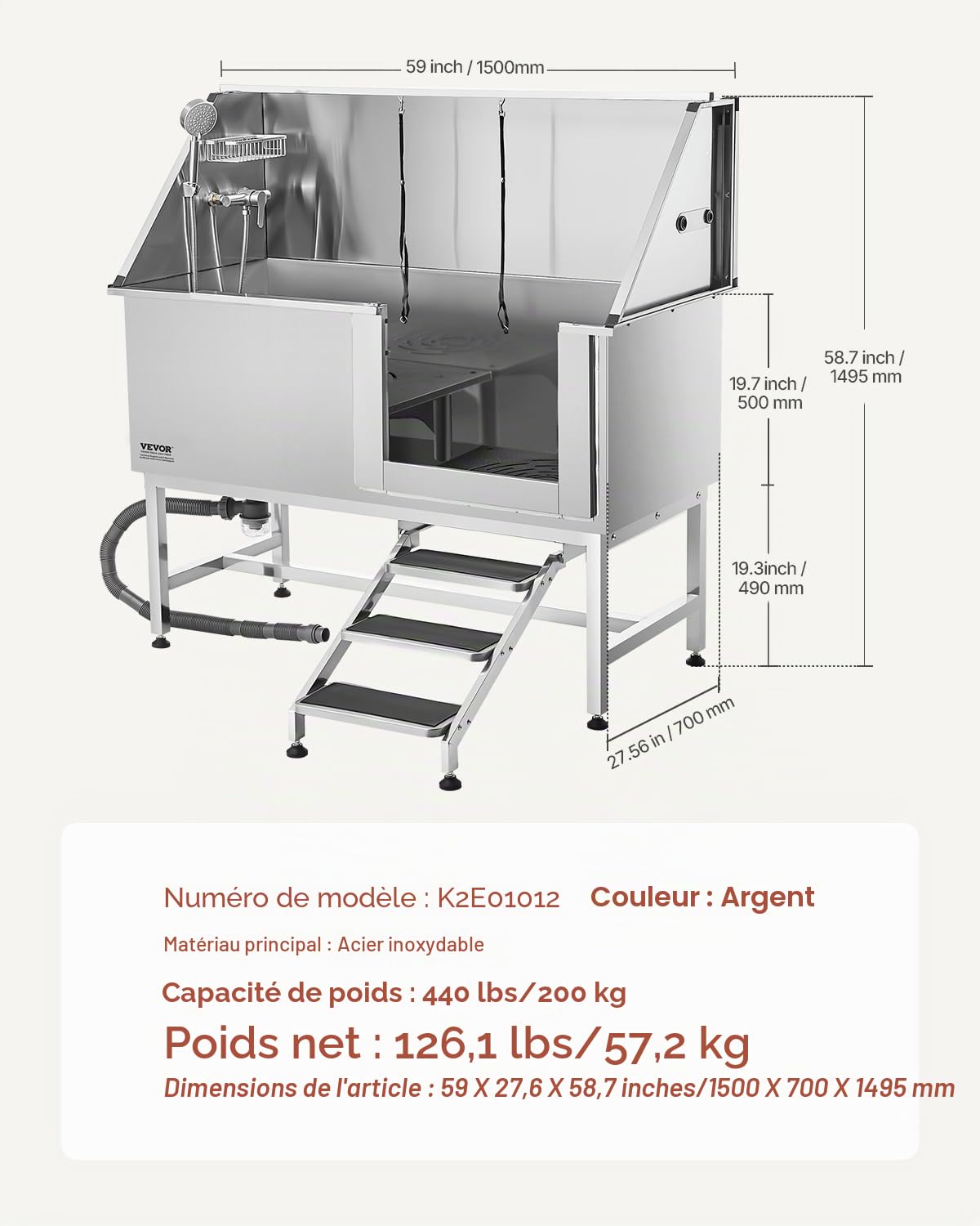 VEVOR Baignoire de Chien Acier Inoxydable, Baignoire de Toilettage pour Animaux de Compagnie 150 cm Station de Lavage Chat, avec Escalier, Panneau Filtre à Eau, Robinet, Pommeau Douche, Porte Droite
