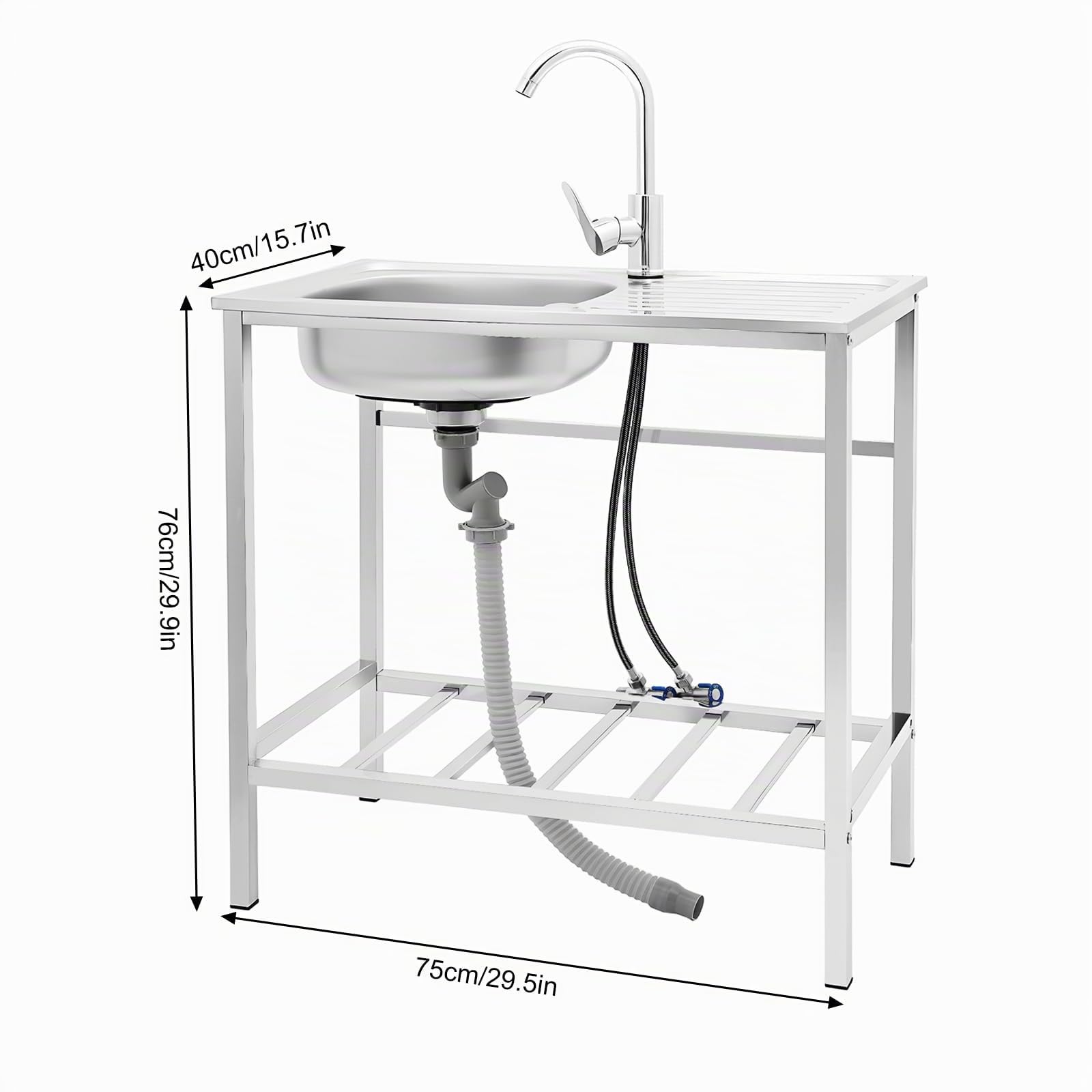 Lavello autoportante in acciaio inox, lavandino portatile con vasca e rubinetto, lavello da cucina commerciale, 75 x 40 x 76 cm, grande lavello di servizio autoportante per esterni e interni