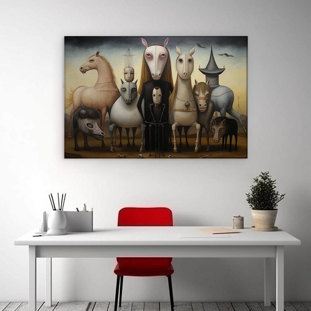 Canvas for Living Room. Mystery in Desolation: The Surreal Dance of Figure and Horses Under a Brooding Sky, 27 x 18 inch Canvas Wall Art - Contemporary Masterpieces - Nature Home Decor