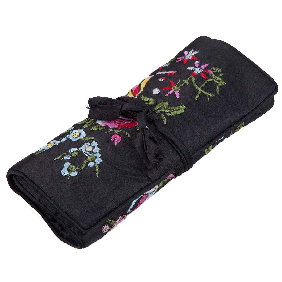 KYEYGWO Pochette Rouleau à Bijoux pour Voyage, Broderie Chinoise Organisateur de Bijoux pour Rangement de Bracelet Collier Bague, Noir