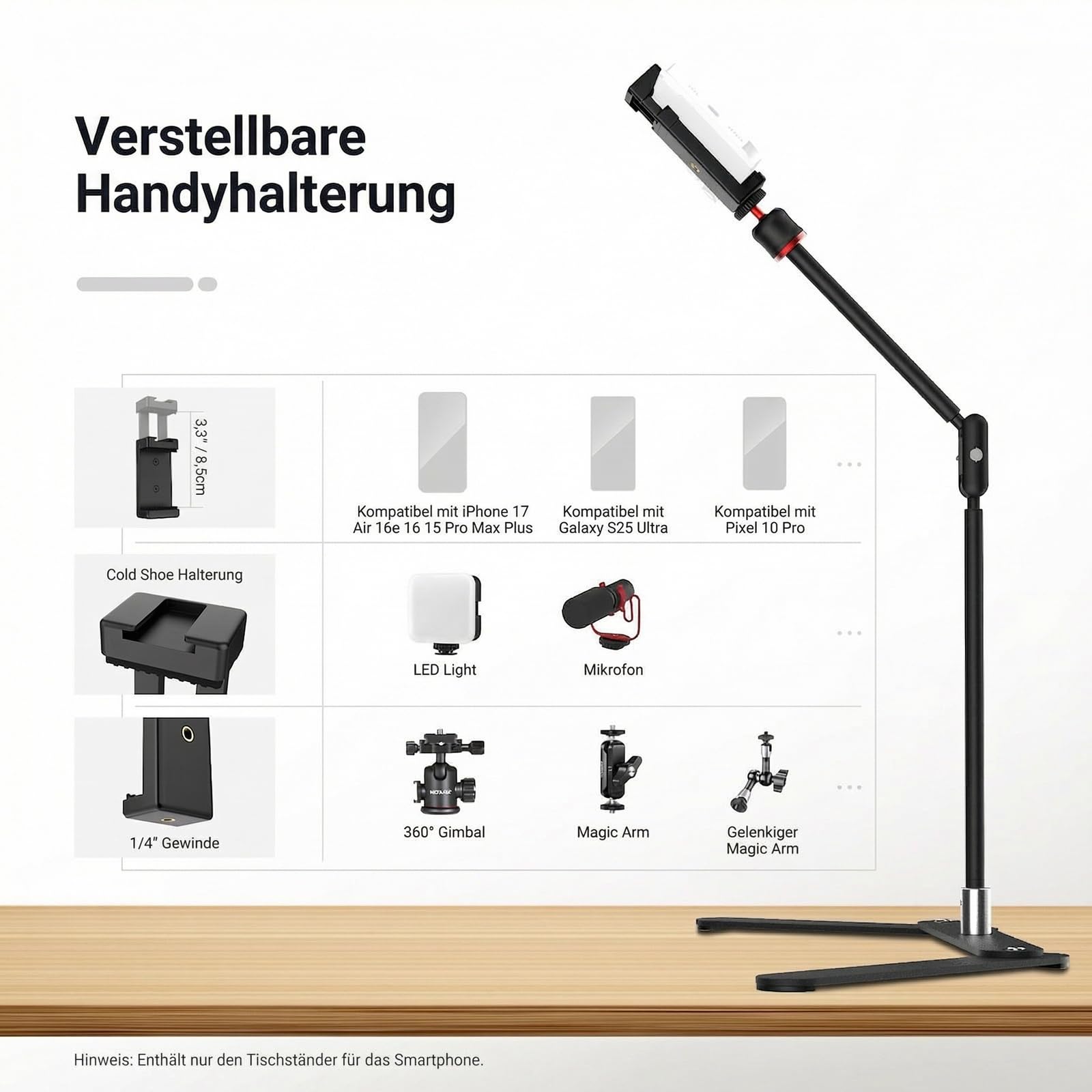 NEEWER Overhead Handystativ mit Doppelkugelkopf und schwenkbarem Boom Arm, stoßdämpfende Tischklemmen Handyhalterung Ständer mit klappbarem Sockel für Klavier Kochen Zeichnen Live Streaming, DS026