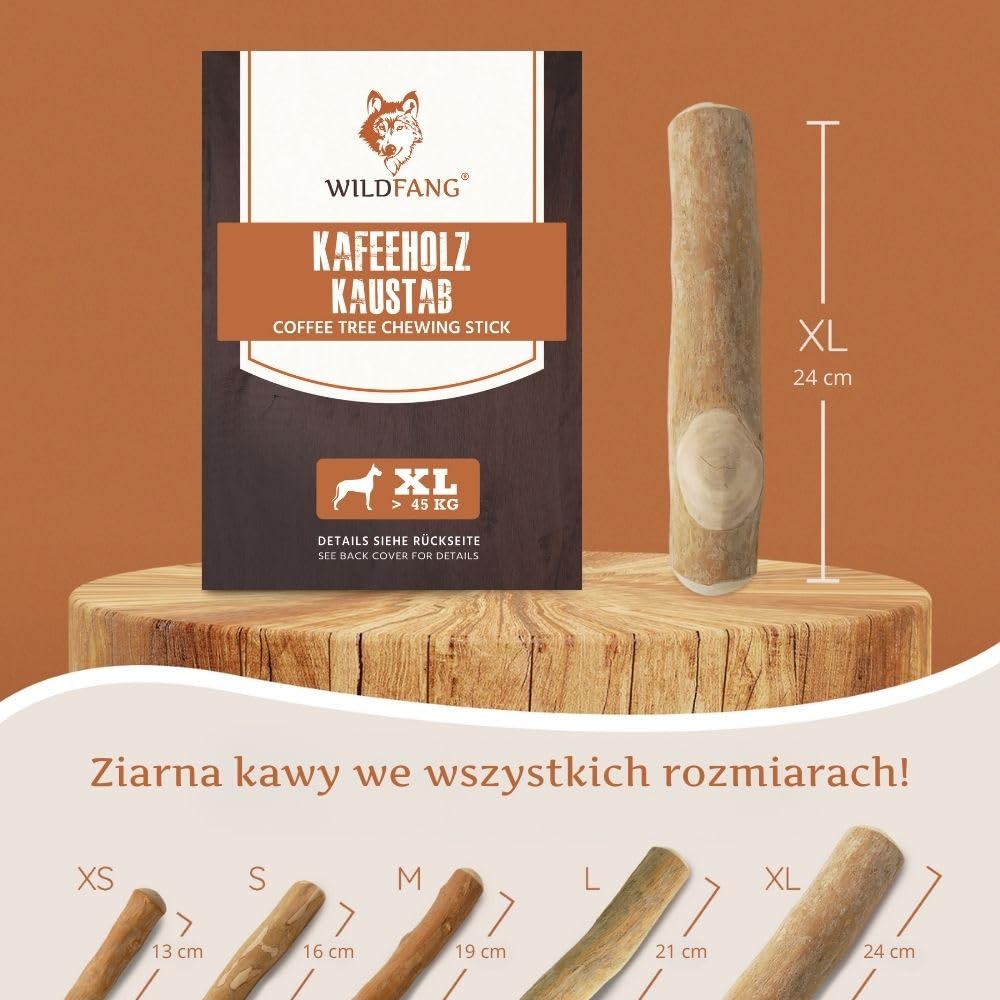 Wildfang® Gryzak z drewna kawowego XL – Wytrzymała zabawka, ząbkowanie szczeniąt, trening żuchwy, naturalny patyk dla bardzo dużych psów (powyżej 45kg), 3 sztuki.