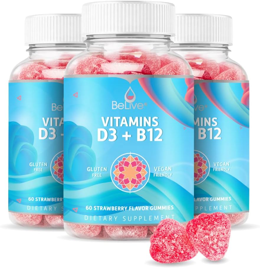 BeLive Vitamin D3 Gummies with B12 Vitamins - Immune Support Gummies with Vegan Vitamin B12 & D3, Provides Enhanced Bone & Muscle Strength, Hearth Health and Energy - Strawberry Flavor | 3-Pack