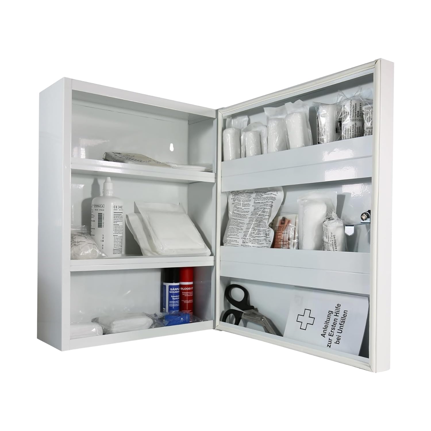 First Aid Products Verbandschrank D – inkl. DIN 13157:2021 Füllung – Medizinschrank Metall mit Gummidichtung, 3 Ablagefächer + 3 Türfächer - robust & staubgeschützt - 48,5 x 40 x 20 cm
