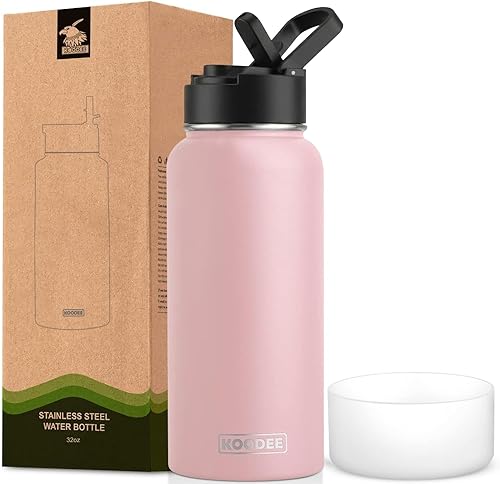 Miniatura 39 de koodee Botella de agua de 16 onzas de acero inoxidable de doble pared aislada al vacío, botella de agua de boca ancha con tapa de popote a prueba de
