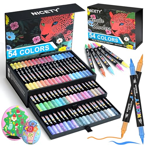 NICETY 54 Feutres Acryliques Double Pointe - Marqueurs Peinture Multi-Supports pour Pierre, Bois, Céramique - Idéal DIY, Artistes et Débutants - Non...