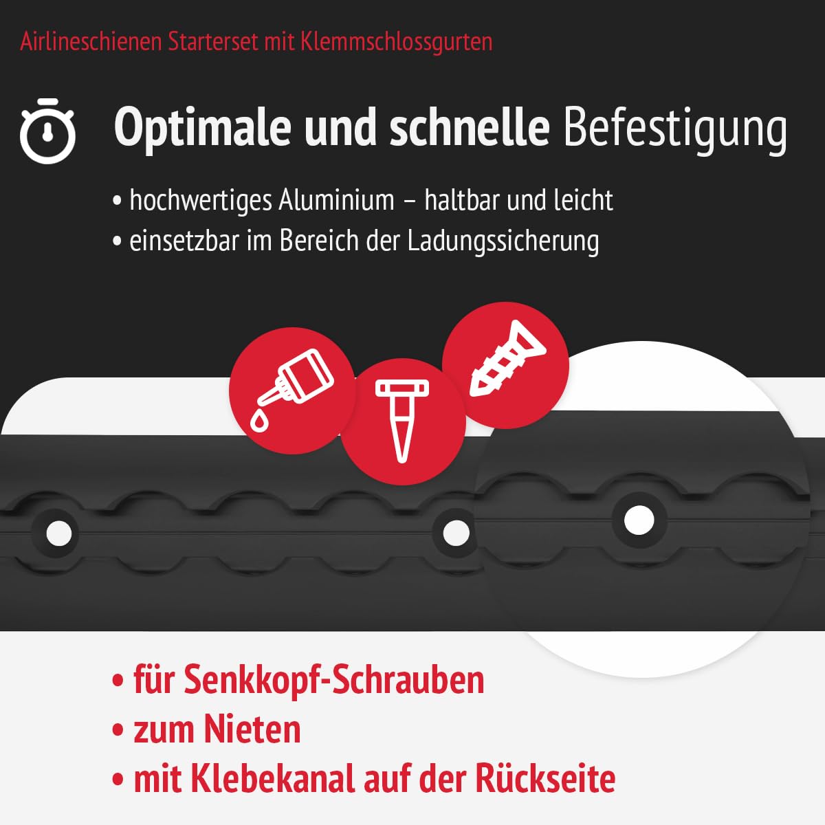 Set 2X Airlineschienen 1.0 m, 4X Endkappen und 4X Klemmschlossgurte, schwarz KTL-beschichtet, gebohrt, halbrund, 50 x 11,5 mm, Zurrschiene für Transporter, Wohnwagen, Sprinter