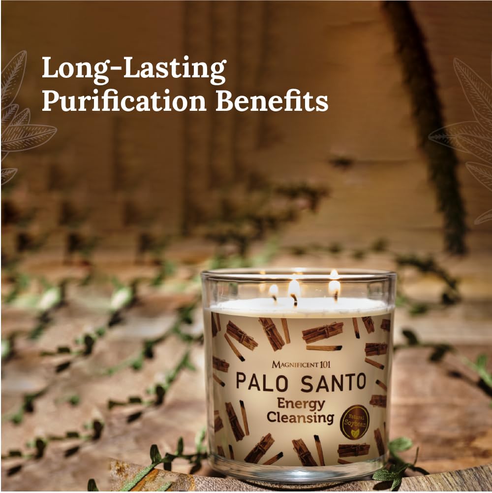 Magnificent 101 Long Lasting Palo Santo Scented Aromatherapy Candle | 14 Oz - 56 Hour Burn | All Natural & Organic Soy Wax Smudge Candle for House Energy Cleansing, Purification & Manifestation