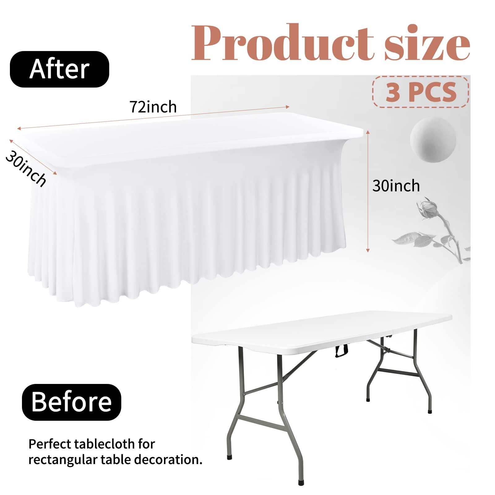 Teruntrue Lot de 3 Jupes de Table en élasthanne pour Tables rectangulaires Blanc 1,8 m Nappe Extensible ajustée Nappe résistante aux Plis avec Jupe, Jupe de Table en élasthanne pour Salon de banquets