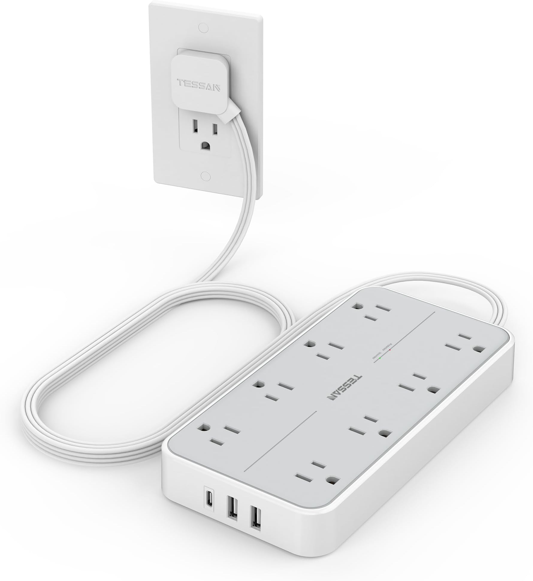 Surge Protector with USB, Power Strip Flat Plug with 8 Widely Spaced AC Outlets and 3 Charging Ports, 1875W/15A, 1080 Joules, Electric Wall Mount Extension Cord 6 Ft for Home, Office - Grey