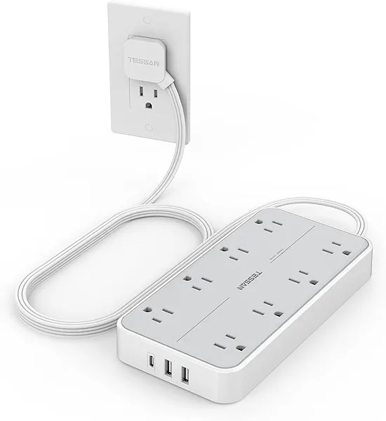 TESSAN Power Strip Surge Protector, Flat Plug Extension Cord with 8 Outlets 3 USB Charger(1 USB C), 1080 Joules Protection, Wall Mountable Charging Station for Home Office School Dorm Room Essentials