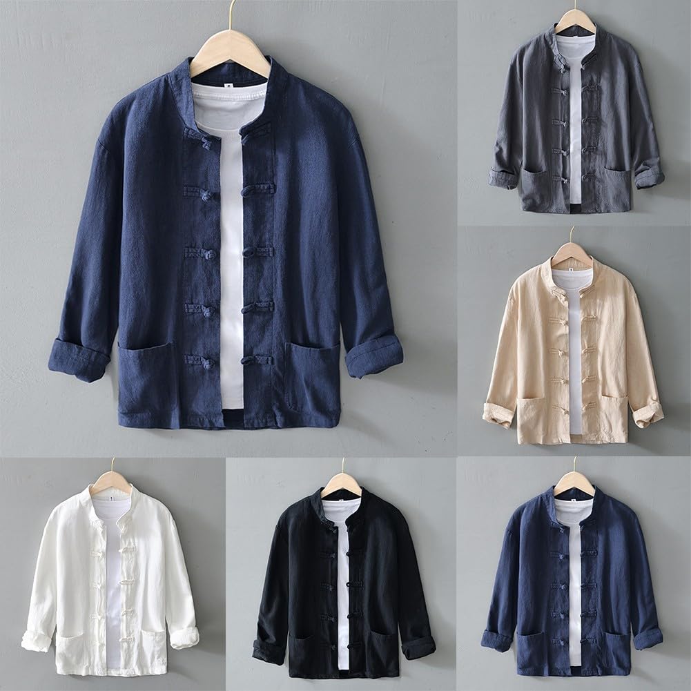 Camicie tradizionali cinesi da uomo, top casual (blu scuro)