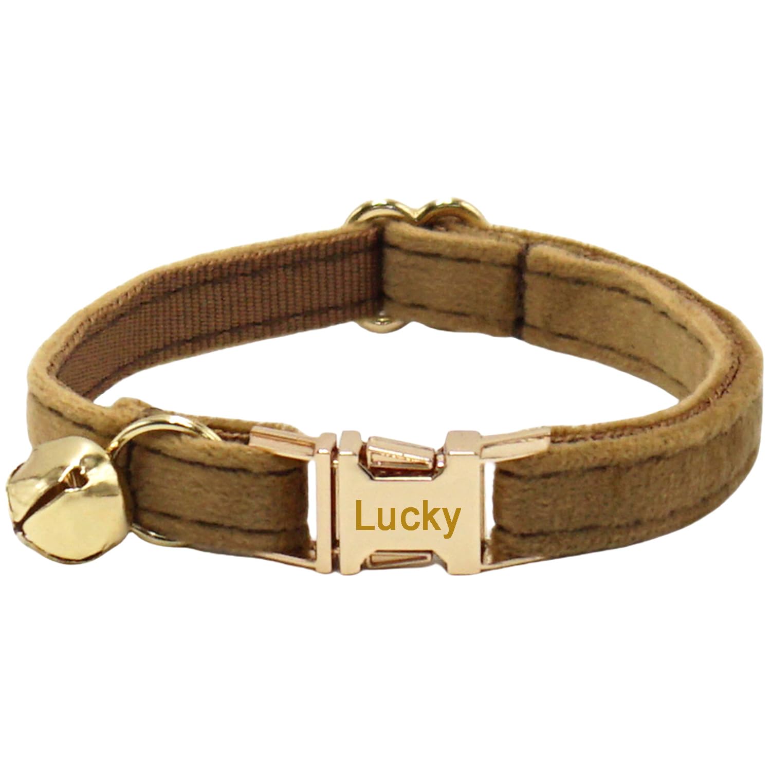 Personalisiertes Katzenhalsband mit Namensschild, verstellbares Samt Katzenhalsband mit Glocke, Haustier Halsband mit Name Telefonnummer Gravierte ID Tags (Camel)