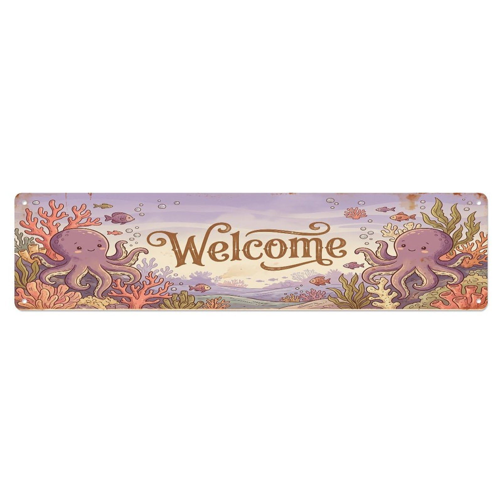 Olhnbad 4X16inch(10X40cm) Vintage Welcome Octopus Coral Metal Tin Sign