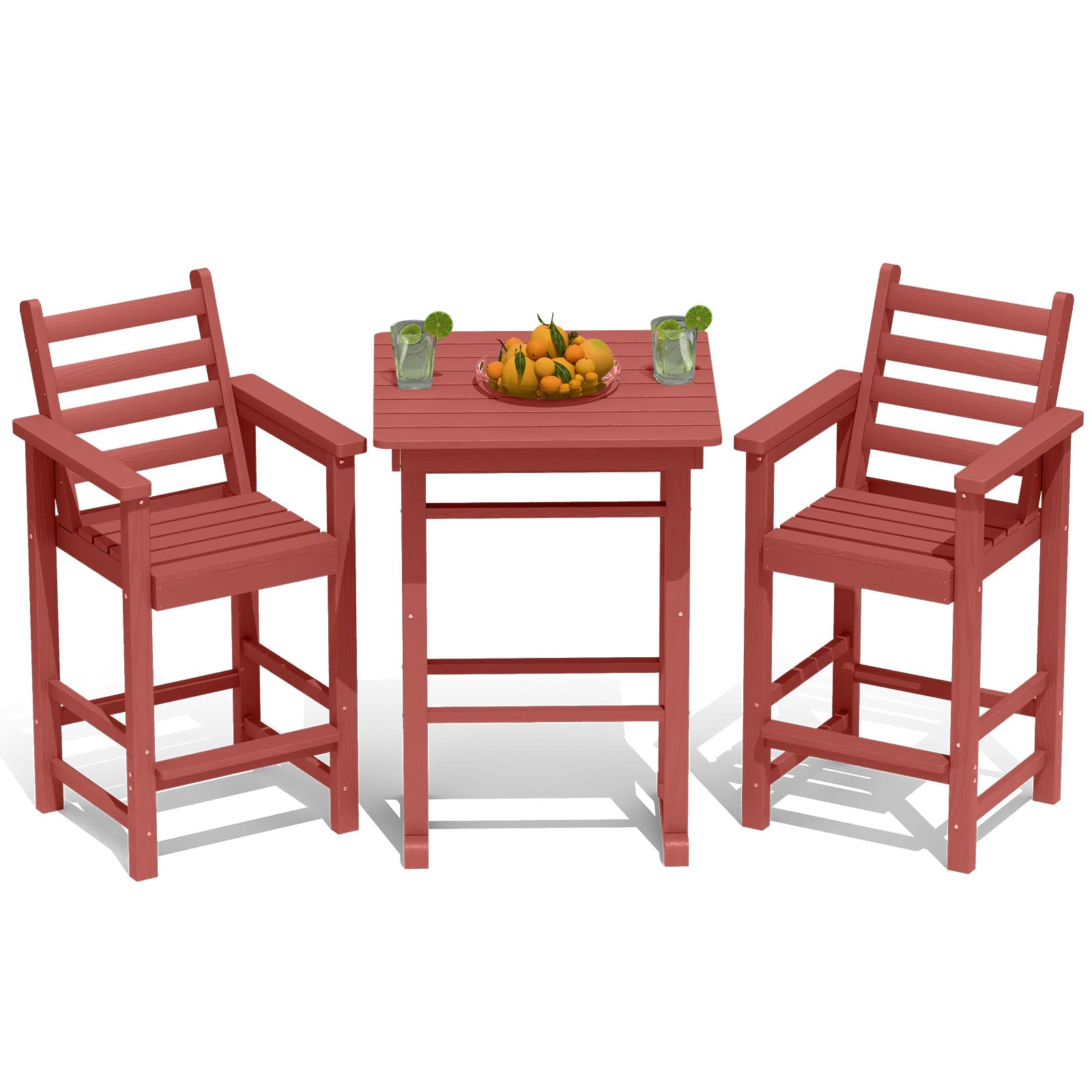 PLUUV Tall Adirondack Chairs Set of 2 with Table, Outdoor Bar Height Table Chairs Set, All Weather HDPE Barstools Patio Bar Sets with Arms & Footrest